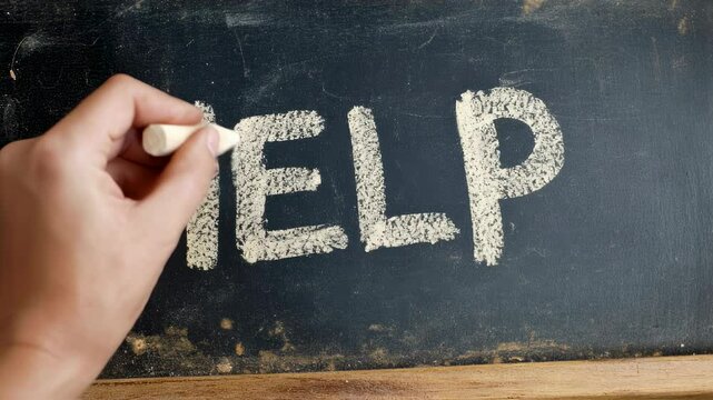Hand writing help on chalkboard in sequence capturing urgent expression and communication