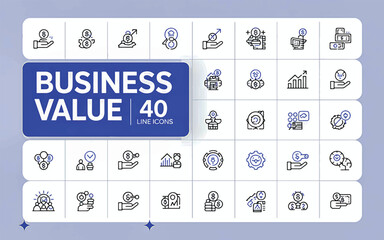 Business Value Icon Set: A comprehensive collection of 40 sleek, line-style icons. Representing key business concepts, perfect for illustrating business value, growth, and success in a clean.