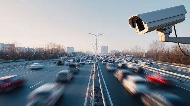 Traffic surveillance camera on the side of a busy highway, motion blur of fast-moving cars, empty space on the right side for copy or infographic overlay