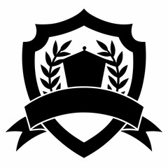 Black and white shield crest with laurel wreath and banner