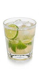 Fototapeta premium Caipirinha cocktail served in a short glass with crushed ice, lime wedges and sugar crystals