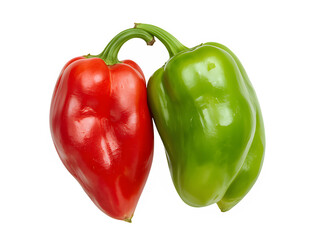 Two hot chili peppers red and green top view isolated on transparent background.