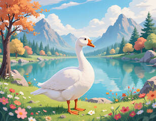 Obraz premium Serene Swan by Lake in Autumn Landscape