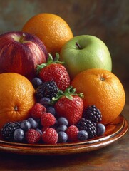 Vibrant still life of fresh fruits including oranges, apples, and berries arranged on a wooden table
