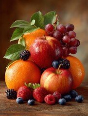 Vibrant still life of fresh fruits including oranges, apples, and berries arranged on a wooden table