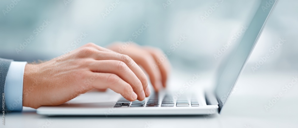 Poster typing on a laptop office environment digital interaction modern workspace close-up view productivit