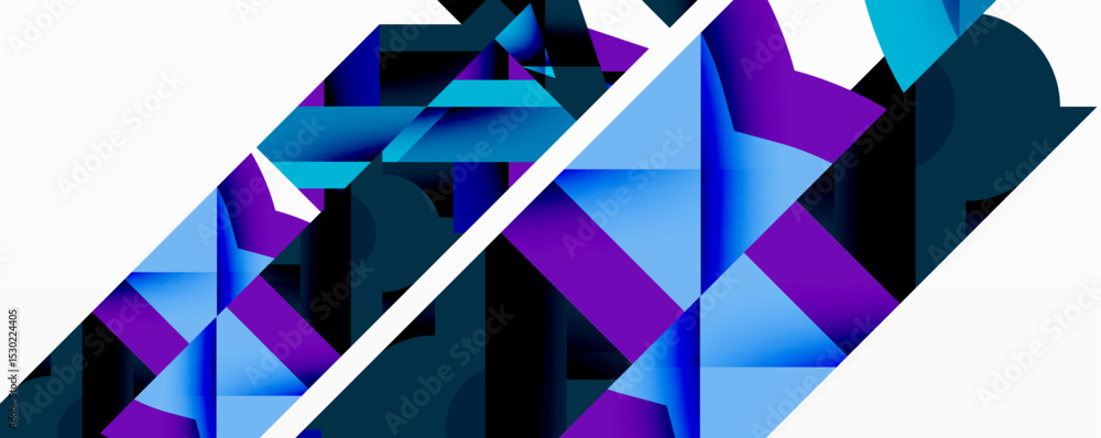 Poster abstract geometric shapes, vibrant blues, purples dominate composition. diagonal line cuts through l