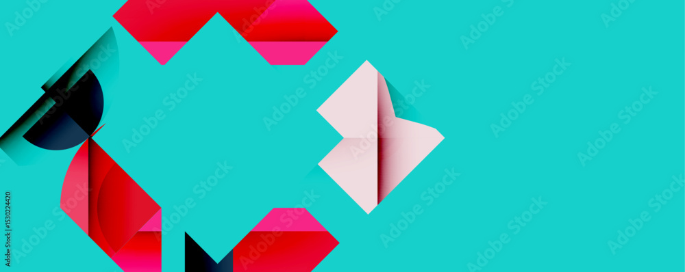 Poster abstract geometric shapes overlap turquoise background. pink, red hues create dynamic visual effect.
