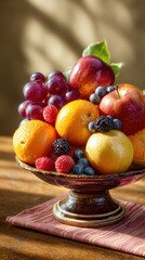 Vibrant still life of fresh fruits including oranges, apples, and berries arranged on a wooden table