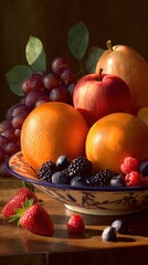 Vibrant still life of fresh fruits including oranges, apples, and berries arranged on a wooden table