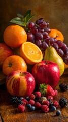 Vibrant still life of fresh fruits including oranges, apples, and berries arranged on a wooden table