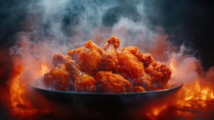 Plate of buffalo wings with flames and smoke