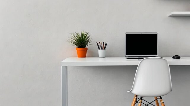 Minimalist Home Office Setup: White Desk, Laptop, Plants, and Modern Chair