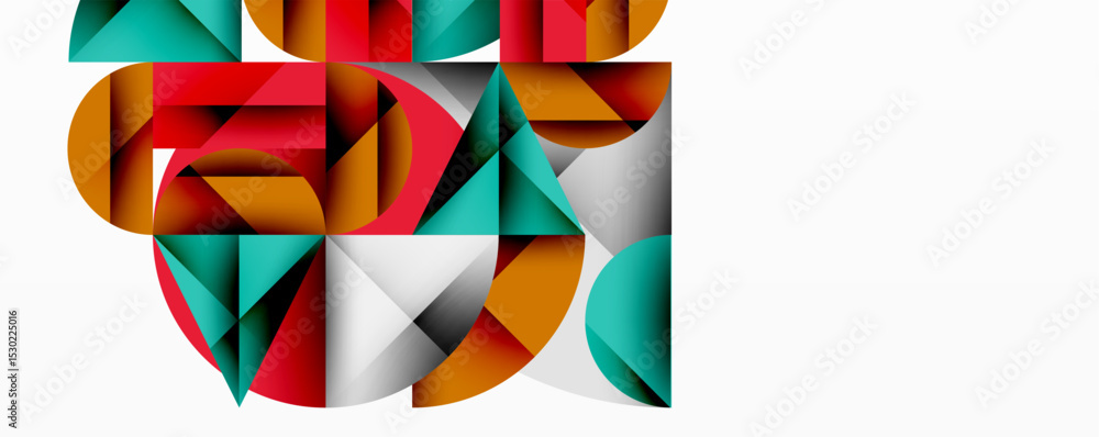 Poster Abstract geometric composition. Shapes overlap, creating dynamic visual interest. Colors include red, teal, orange, white. Modern design.