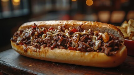 A cheesesteak sandwich with melted cheese and steak.