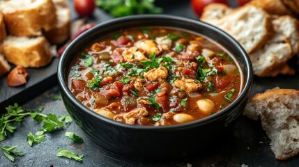 A bowl of soup with bread and herbs on a table.
