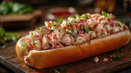 A classic American dish made with lobster meat and served on a toasted bun.