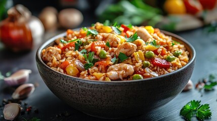 a delicious chicken and rice bowl with vegetables