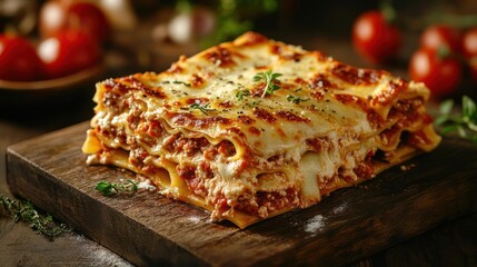A layered pasta dish with meat sauce and cheese