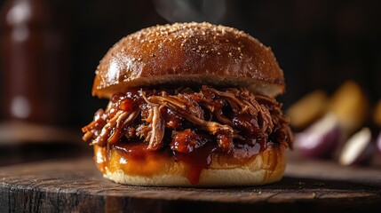 A pulled pork sandwich with BBQ sauce and a sesame seed bun
