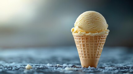 A scoop of vanilla ice cream in a waffle cone.