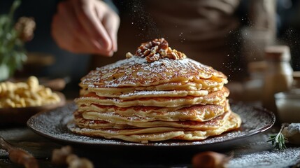 A stack of fluffy pancakes with powdered sugar