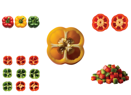 A colorful array of bell peppers in different stages and forms, including whole red, yellow, and green peppers, cross-sections, and diced pieces, showcasing their versatility and vibrant hues for cook