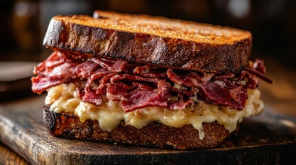 Close-up of a sandwich on a wooden cutting board