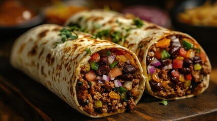 Close-up of three burritos with ground beef and vegetables