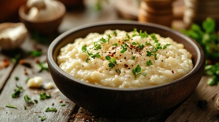 Creamy risotto with herbs and spices in a bowl