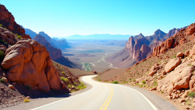 Rocky road through mountains. Desert landscape with clear blue sky. Winding path curves into distant hills. Wild, natural scenery. Outdoor adventure travel.