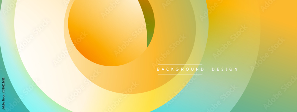 Poster abstract layers create vibrant gradient. circular shapes blend orange, yellow, turquoise hues. moder