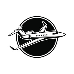 Black and White Private Jet Airplane Icon in a Circle