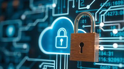 Digital security concept with a cloud and a padlock, illustrating data protection