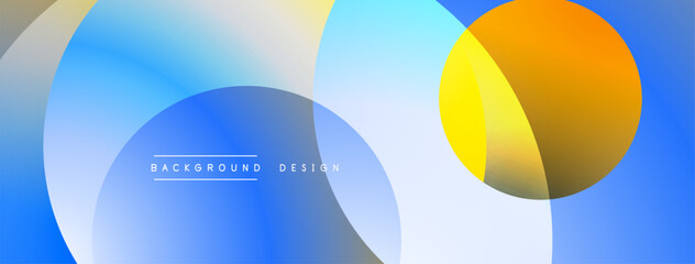 Abstract geometric shapes overlap. Blue, orange, white hues create modern background. Minimalist design with gradient effects.