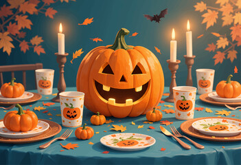 Whimsical Halloween Table Setting with Jack-o'-Lanterns and Candles