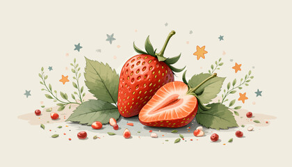 Whimsical Strawberry Illustration with Fresh Leaves and Stars