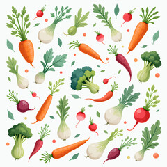Whimsical Vegetable Illustration: Carrots, Onions, Broccoli, Radishes