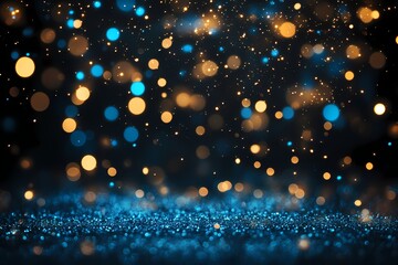 Fototapeta premium Glitter lights raining down in blue and gold against a pitch-black backdrop with motion blur, 