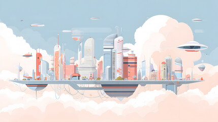 flat illustration of a floating futuristic city
