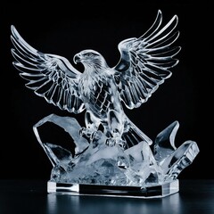 Animal eagle ice sculpture on black background, centered and detailed
