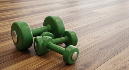 Green Dumbbells on Wooden Floor Home Fitness Equipment