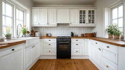 Fototapeta premium White kitchen with wooden countertops and light fixtures.