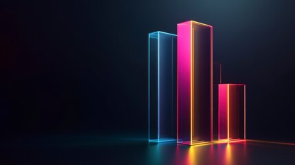 Abstract neon glass bars on dark background, illustrating growth, success, and data visualization.