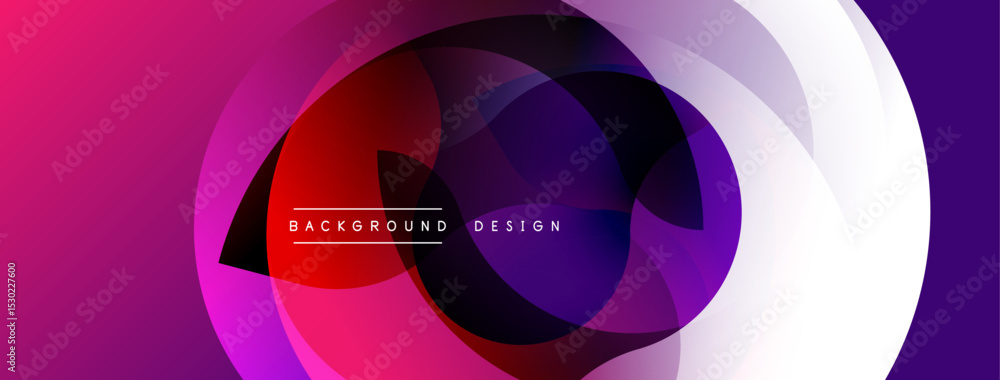 Poster Abstract dynamic layers create vibrant, modern design. Overlapping circles form fluid composition, purple hues dominate.