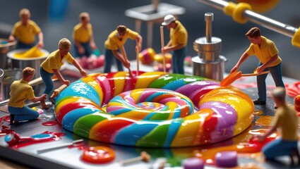 A dynamic ultra-realistic miniature scene of several tiny people working together to create a giant colorful lollipop