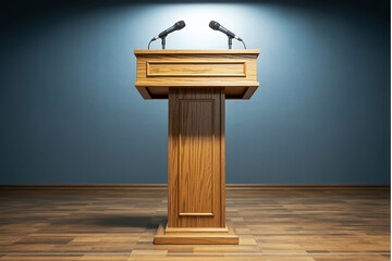 A light oak wood podium with two black microphones stands centered on a polished floor against a dark gray background with soft lighting and subtle reflective shadows