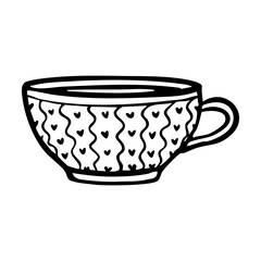 Hand drawn line art teacup on transparent background. Cute, vintage tea cup doodle with whimsical heart details.