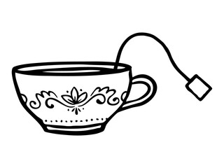 Hand drawn line art teacup with tea bag on transparent background. Cozy, vintage style teacup doodle with ornamental details.