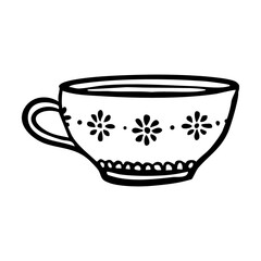 Hand drawn line art teacup on transparent background. Ornamental vintage style teacup doodle with floral details.
